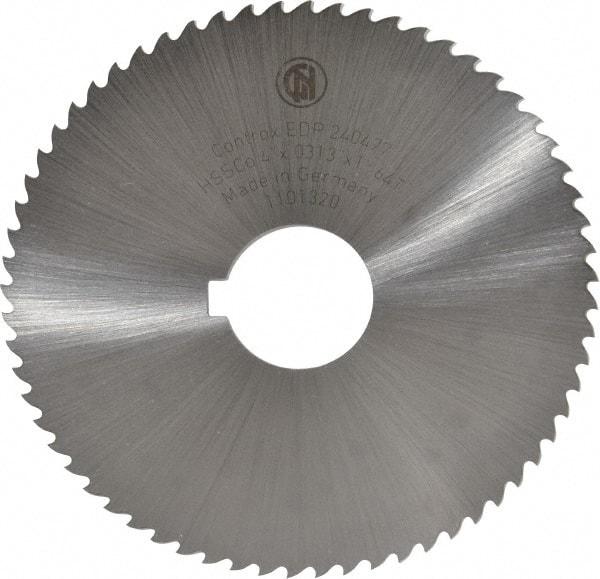 Controx - 4" Diam x 0.0313" Blade Thickness x 1" Arbor Hole Diam, 64 Tooth Slitting and Slotting Saw - Arbor Connection, Right Hand, Uncoated, Cobalt, 15° Rake, Concave Ground - USA Tool & Supply