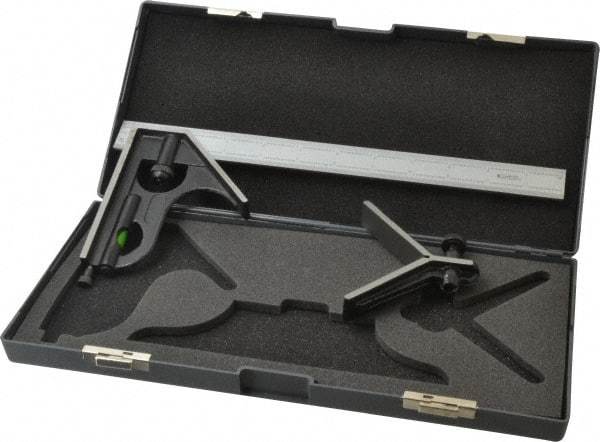 SPI - 3 Piece, 12" Combination Square Set - 1/100, 1/32, 1/50 & 1/64" (16R) Graduation, Hardened Steel Blade, Hardened Steel Center & Square Head - USA Tool & Supply