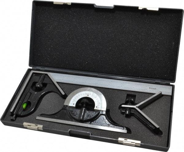 SPI - 4 Piece, 12" Combination Square Set - 1/16, 1/32, 1/64 & 1/8" (4R) Graduation, Hardened Steel Blade, Hardened Steel Center, Protractor & Square Head - USA Tool & Supply