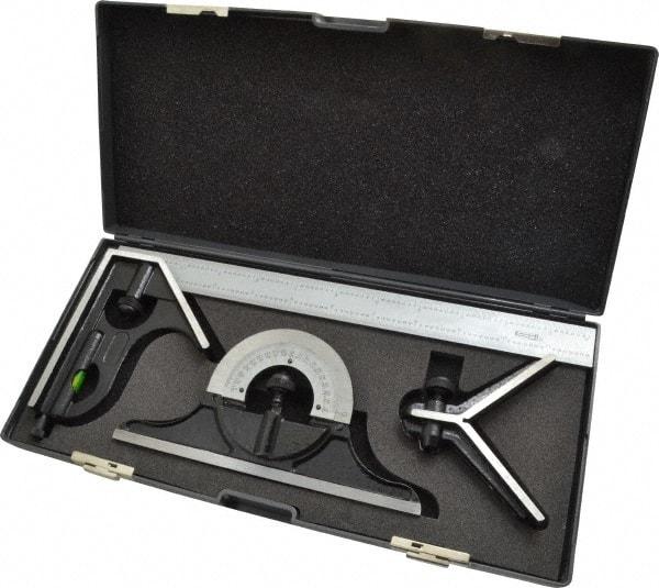 SPI - 4 Piece, 12" Combination Square Set - 1/32 & 1/64" (English/Metric) Graduation, Hardened Steel Blade, Hardened Steel Center, Protractor & Square Head - USA Tool & Supply