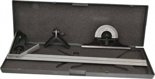 SPI - 4 Piece, 18" Combination Square Set - 1/16, 1/32, 1/64 & 1/8" (4R) Graduation, Hardened Steel Blade, Hardened Steel Center, Protractor & Square Head - USA Tool & Supply