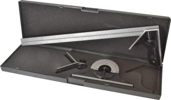 SPI - 4 Piece, 18" Combination Square Set - 1/32 & 1/64" (English/Metric) Graduation, Hardened Steel Blade, Hardened Steel Center, Protractor & Square Head - USA Tool & Supply
