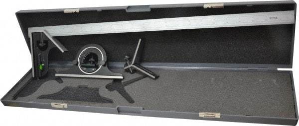 SPI - 4 Piece, 24" Combination Square Set - 1/100, 1/32, 1/50 & 1/64" (16R) Graduation, Hardened Steel Blade, Hardened Steel Center, Protractor & Square Head - USA Tool & Supply