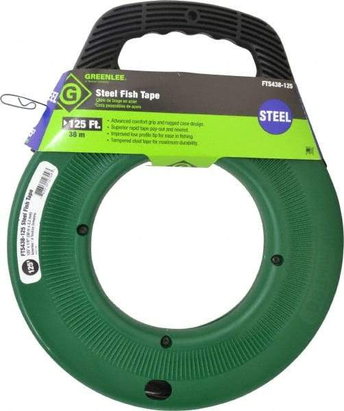 Greenlee - 125 Ft. Long x 1/8 Inch Wide, 0.045 Inch Thick, Steel Fish Tape - 400 Lb. Pulling Strength, Includes Case - USA Tool & Supply