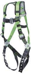 Miller - 400 Lb Capacity, Size Universal, Full Body Construction Safety Harness - Webbing, Tongue Leg Strap, Mating Chest Strap, Black/Green - USA Tool & Supply