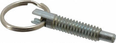 Gibraltar - 1/4-20, 0.8" Thread Length, 0.155" Plunger Diam, 1/4" Plunger Projection, 1 Lb Init to 2.5 Lb Final End Force, Steel Locking Pull Ring Plunger - 0.8" Len Under Head, 1.14" Body Len, 0.62" Ring Diam, 1.14" Plunger Len, 0.34" Head Height - USA Tool & Supply