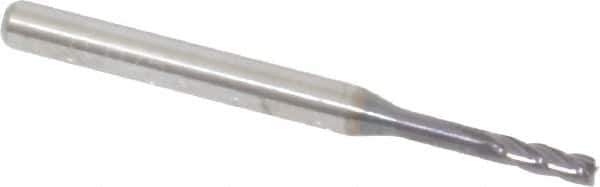 Accupro - 0.075", 0.225" LOC, 1/8" Shank Diam, 1-1/2" OAL, 4 Flute, Solid Carbide Square End Mill - Single End, AlTiN Finish, Spiral Flute, 30° Helix, Centercutting, Series Miniature - USA Tool & Supply