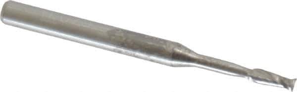 Accupro - 0.075", 0.225" LOC, 1/8" Shank Diam, 1-1/2" OAL, 2 Flute, Solid Carbide Square End Mill - Single End, Uncoated, Spiral Flute, 30° Helix, Centercutting, Series Miniature - USA Tool & Supply