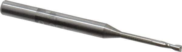 Accupro - 0.055", 0.165" LOC, 1/8" Shank Diam, 1-1/2" OAL, 2 Flute, Solid Carbide Square End Mill - Single End, Uncoated, Spiral Flute, 30° Helix, Centercutting, Series Miniature - USA Tool & Supply