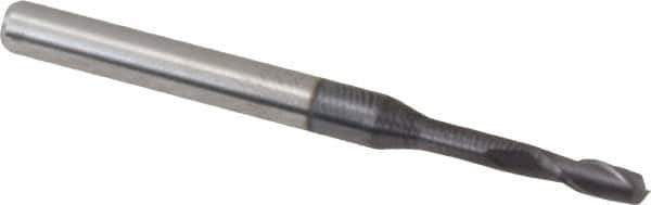 Accupro - 0.08", 0.24" LOC, 1/8" Shank Diam, 1-1/2" OAL, 2 Flute, Solid Carbide Square End Mill - Single End, AlTiN Finish, Spiral Flute, 30° Helix, Centercutting, Series Miniature - USA Tool & Supply