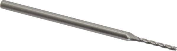 Accupro - 0.06", 1/2" LOC, 1/8" Shank Diam, 2-1/2" OAL, 3 Flute, Solid Carbide Square End Mill - Single End, Uncoated, Spiral Flute, 30° Helix, Centercutting, Series Miniature - USA Tool & Supply