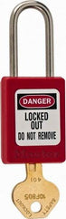 Master Lock - Keyed Different Nonconductive Lockout Padlock - 1-1/2" Shackle Clearance, 3/16" Shackle Diam, 1-7/8" Body Height x 1-3/8" Body Width, Red - USA Tool & Supply