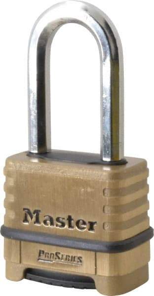 Master Lock - 2-1/4" Body Width x 2" Body Height, 2.063" Shackle Clearance, Brass Body & Boron Carbide Combination Lock - 3/8" Shackle Diam - USA Tool & Supply