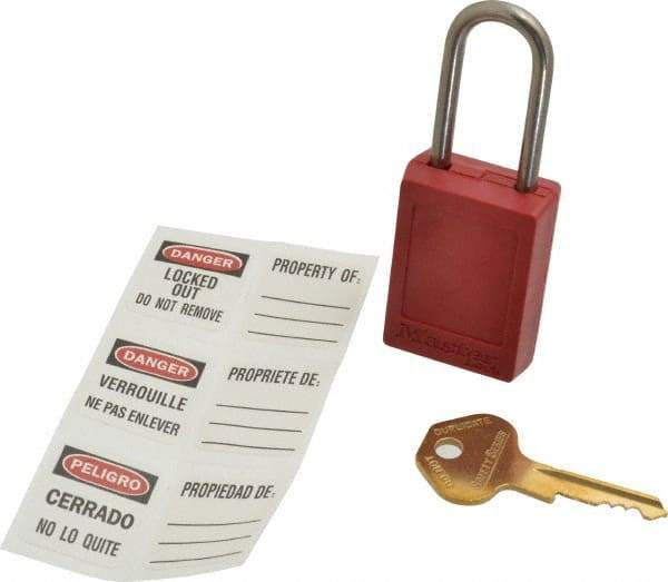 Master Lock - Keyed Different Nonconductive Lockout Padlock - 1-1/2" Shackle Clearance, 3/16" Shackle Diam, 1-7/8" Body Height x 1-3/8" Body Width, Red - USA Tool & Supply