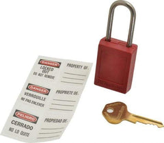 Master Lock - Keyed Different Nonconductive Lockout Padlock - 1-1/2" Shackle Clearance, 3/16" Shackle Diam, 1-7/8" Body Height x 1-3/8" Body Width, Red - USA Tool & Supply