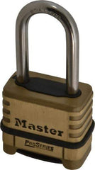 Master Lock - 2-1/4" Body Width x 2" Body Height, 2.094" Shackle Clearance, Brass Body & Stainless Steel Combination Lock - 5/16" Shackle Diam - USA Tool & Supply