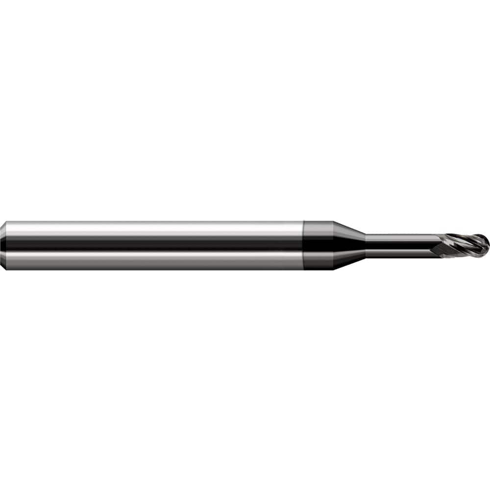Ball End Mill: 0.03″ Dia, 0.045″ LOC, 3 Flute, Solid Carbide 2-1/2″ OAL, 1/8″ Shank Dia, 30 ° Helix, Amorphous Diamond Coated, Single End