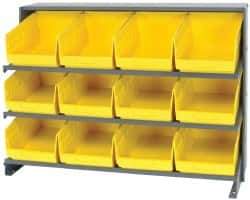 Quantum Storage - 12 Bin Store-More Sloped Shelving System - 36 Inch Overall Width x 12 Inch Overall Depth x 26-1/2 Inch Overall Height, Yellow Polypropylene Bins - USA Tool & Supply