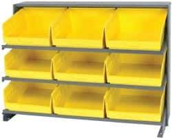 Quantum Storage - 9 Bin Store-More Sloped Shelving System - 36 Inch Overall Width x 12 Inch Overall Depth x 26-1/2 Inch Overall Height, Yellow Polypropylene Bins - USA Tool & Supply
