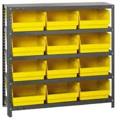 Quantum Storage - 12 Bin Store-More Shelf Bin System - 36 Inch Overall Width x 12 Inch Overall Depth x 39 Inch Overall Height, Yellow Polypropylene Bins - USA Tool & Supply