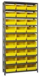 Quantum Storage - 27 Bin Store-More Shelf Bin System - 36 Inch Overall Width x 12 Inch Overall Depth x 75 Inch Overall Height, Yellow Polypropylene Bins - USA Tool & Supply