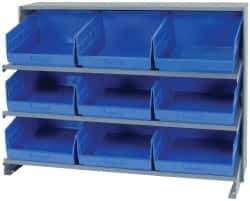 Quantum Storage - 9 Bin Store-More Sloped Shelving System - 36 Inch Overall Width x 12 Inch Overall Depth x 26-1/2 Inch Overall Height, Blue Polypropylene Bins - USA Tool & Supply