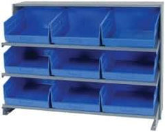Quantum Storage - 9 Bin Store-More Sloped Shelving System - 36 Inch Overall Width x 12 Inch Overall Depth x 26-1/2 Inch Overall Height, Blue Polypropylene Bins - USA Tool & Supply