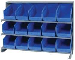 Quantum Storage - 15 Bin Store-More Sloped Shelving System - 36 Inch Overall Width x 12 Inch Overall Depth x 26-1/2 Inch Overall Height, Blue Polypropylene Bins - USA Tool & Supply