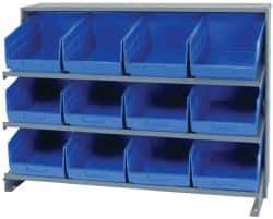 Quantum Storage - 12 Bin Store-More Sloped Shelving System - 36 Inch Overall Width x 12 Inch Overall Depth x 26-1/2 Inch Overall Height, Blue Polypropylene Bins - USA Tool & Supply