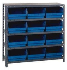 Quantum Storage - 12 Bin Store-More Shelf Bin System - 36 Inch Overall Width x 18 Inch Overall Depth x 39 Inch Overall Height, Blue Polypropylene Bins - USA Tool & Supply