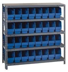 Quantum Storage - 32 Bin Store-More Shelf Bin System - 36 Inch Overall Width x 18 Inch Overall Depth x 39 Inch Overall Height, Blue Polypropylene Bins - USA Tool & Supply