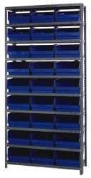 Quantum Storage - 27 Bin Store-More Shelf Bin System - 36 Inch Overall Width x 18 Inch Overall Depth x 75 Inch Overall Height, Blue Polypropylene Bins - USA Tool & Supply