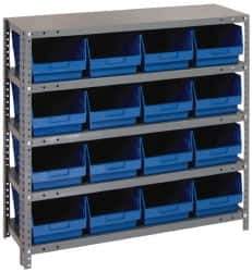 Quantum Storage - 16 Bin Store-More Shelf Bin System - 36 Inch Overall Width x 12 Inch Overall Depth x 39 Inch Overall Height, Blue Polypropylene Bins - USA Tool & Supply