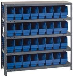 Quantum Storage - 32 Bin Store-More Shelf Bin System - 36 Inch Overall Width x 12 Inch Overall Depth x 39 Inch Overall Height, Blue Polypropylene Bins - USA Tool & Supply
