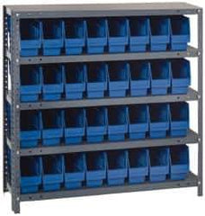 Quantum Storage - 32 Bin Store-More Shelf Bin System - 36 Inch Overall Width x 12 Inch Overall Depth x 39 Inch Overall Height, Blue Polypropylene Bins - USA Tool & Supply