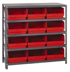 Quantum Storage - 12 Bin Store-More Shelf Bin System - 36 Inch Overall Width x 18 Inch Overall Depth x 39 Inch Overall Height, Red Polypropylene Bins - USA Tool & Supply