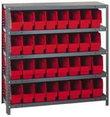 Quantum Storage - 32 Bin Store-More Shelf Bin System - 36 Inch Overall Width x 18 Inch Overall Depth x 39 Inch Overall Height, Red Polypropylene Bins - USA Tool & Supply