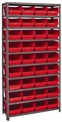 Quantum Storage - 36 Bin Store-More Shelf Bin System - 36 Inch Overall Width x 18 Inch Overall Depth x 75 Inch Overall Height, Red Polypropylene Bins - USA Tool & Supply