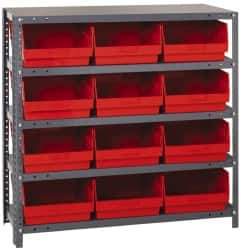 Quantum Storage - 12 Bin Store-More Shelf Bin System - 36 Inch Overall Width x 12 Inch Overall Depth x 39 Inch Overall Height, Red Polypropylene Bins - USA Tool & Supply