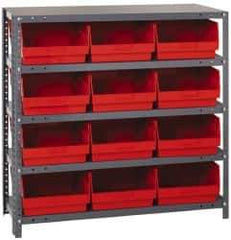 Quantum Storage - 12 Bin Store-More Shelf Bin System - 36 Inch Overall Width x 12 Inch Overall Depth x 39 Inch Overall Height, Red Polypropylene Bins - USA Tool & Supply