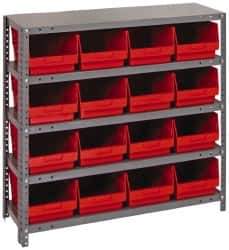 Quantum Storage - 16 Bin Store-More Shelf Bin System - 36 Inch Overall Width x 12 Inch Overall Depth x 39 Inch Overall Height, Red Polypropylene Bins - USA Tool & Supply