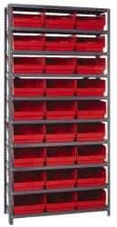 Quantum Storage - 27 Bin Store-More Shelf Bin System - 36 Inch Overall Width x 12 Inch Overall Depth x 75 Inch Overall Height, Red Polypropylene Bins - USA Tool & Supply