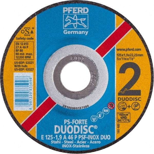 PFERD - 46 Grit, 5" Wheel Diam, 1/8" Wheel Thickness, 7/8" Arbor Hole, Type 27 Depressed Center Wheel - Aluminum Oxide - USA Tool & Supply