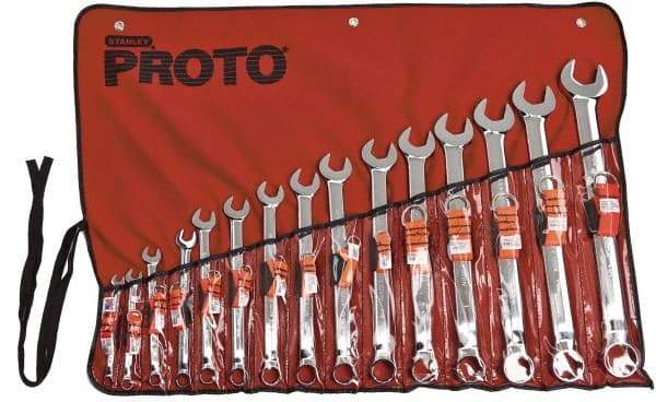 Proto - 15 Piece, 5/16" to 1-1/4", 12 Point Tethered Combination Wrench Set - Inch Measurement Standard, Satin Chrome Finish, Comes in Nylon Roll - USA Tool & Supply