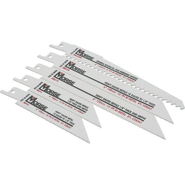 M.K. MORSE - 5 Pieces, 4" to 6" Long x 0.035" to 0.05" Thickness, Bi-Metal Reciprocating Saw Blade Set - Tapered Profile, 10 to 18 Teeth, Toothed Edge - USA Tool & Supply