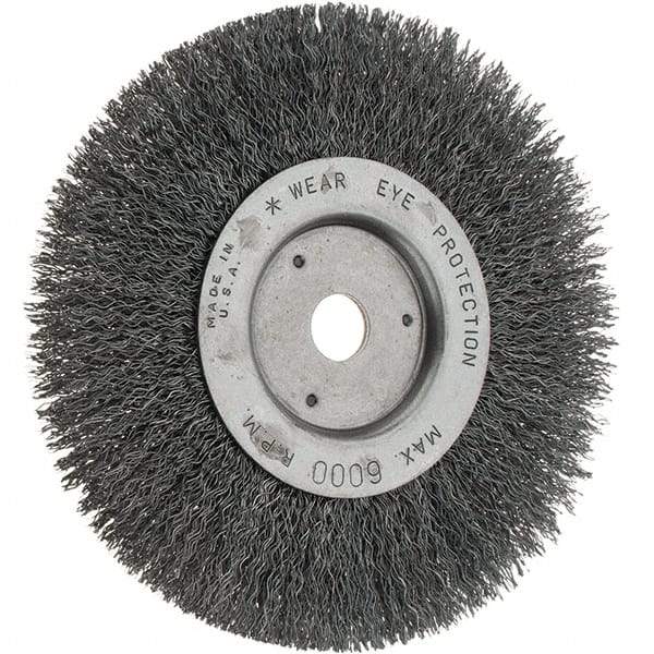 Weiler - 6" OD, 5/8" Arbor Hole, Crimped Steel Wheel Brush - 3/4" Face Width, 1-1/8" Trim Length, 0.014" Filament Diam, 6,000 RPM - USA Tool & Supply