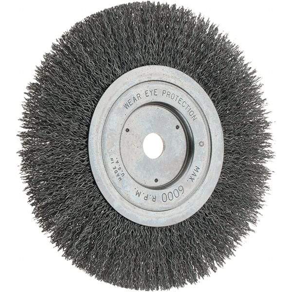 Weiler - 7" OD, 5/8" Arbor Hole, Crimped Steel Wheel Brush - 1" Face Width, 2" Trim Length, 0.014" Filament Diam, 6,000 RPM - USA Tool & Supply