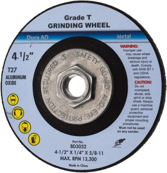 Value Collection - 24 Grit, 4-1/2" Wheel Diam, 1/4" Wheel Thickness, Type 27 Depressed Center Wheel - Aluminum Oxide, U Hardness, 13,300 Max RPM - USA Tool & Supply