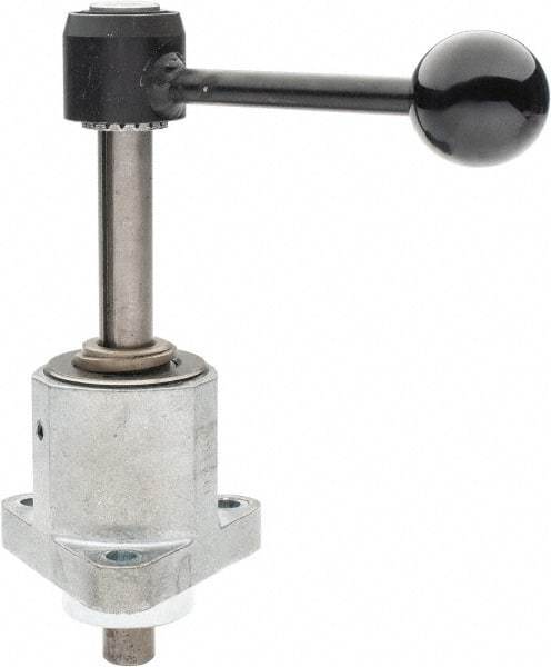 De-Sta-Co - 9,000 N Capacity, M8 Plunger, 16mm Plunger Diam, Flange Mt, One Hand, Hand Lever Actuation, Variable Stroke Straight Line Action Clamp - 60mm Max Rapid Stroke, 4mm Max Clamping Stroke, 9mm Mt Hole Diam, 73mm Overall Height, 196mm OAL - USA Tool & Supply