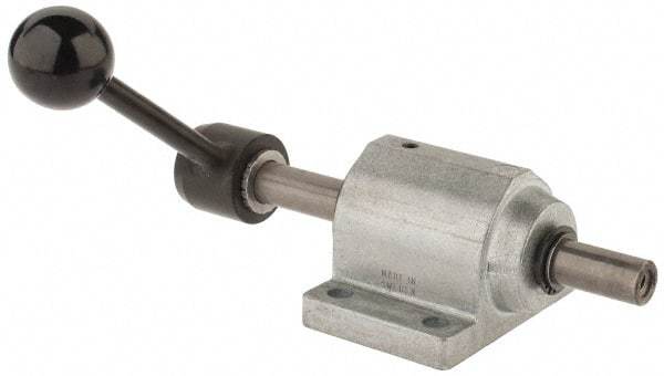 De-Sta-Co - 9,000 N Capacity, M8 Plunger, 16mm Plunger Diam, Foot Mt, One Hand, Hand Lever Actuation, Variable Stroke Straight Line Action Clamp - 60mm Max Rapid Stroke, 4mm Max Clamping Stroke, 9mm Mt Hole Diam, 90mm Overall Height, 196mm OAL - USA Tool & Supply